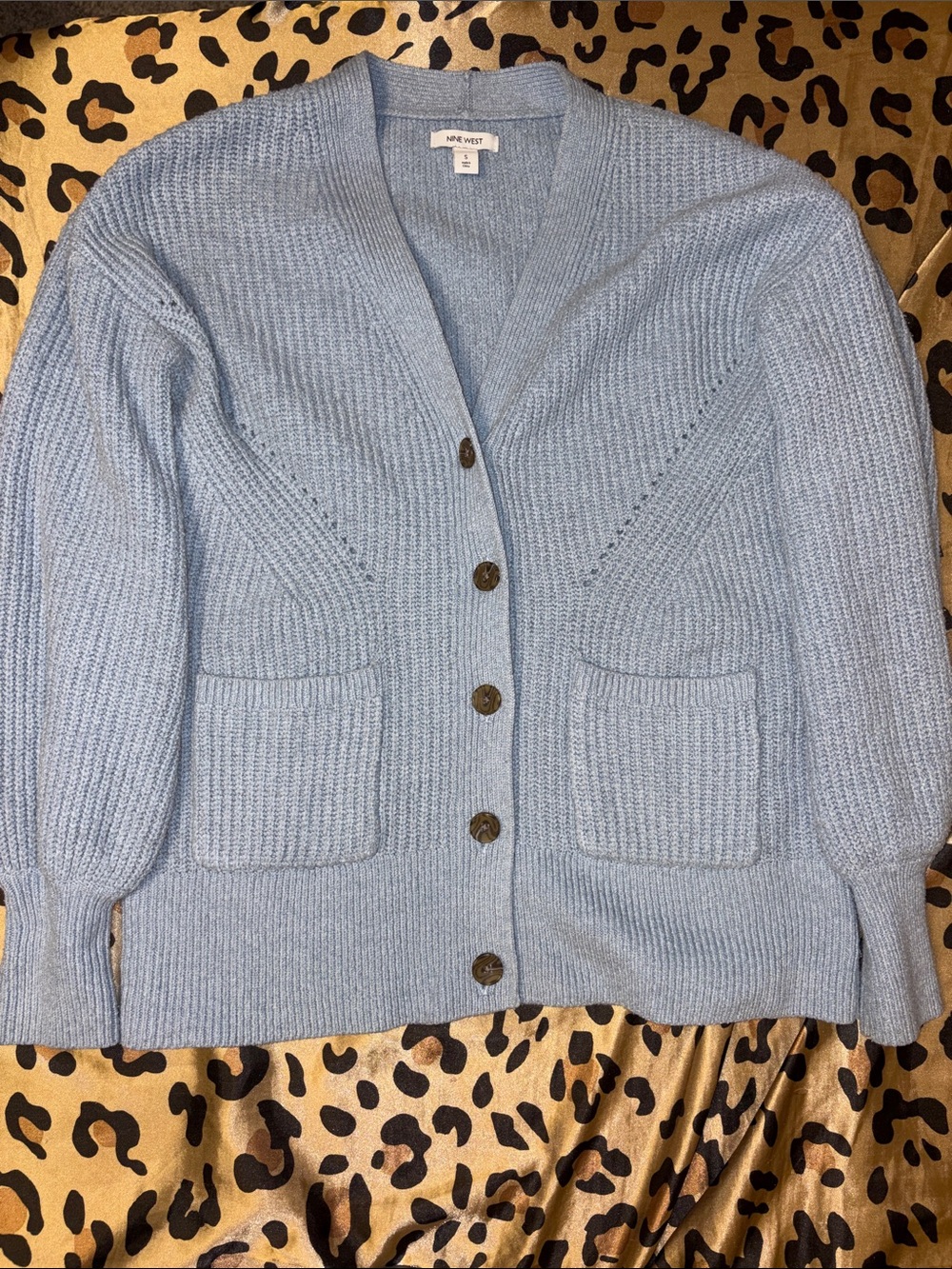 Nine West Soft Periwinkle Blue Ribbed V-Neck Button Cardigan
